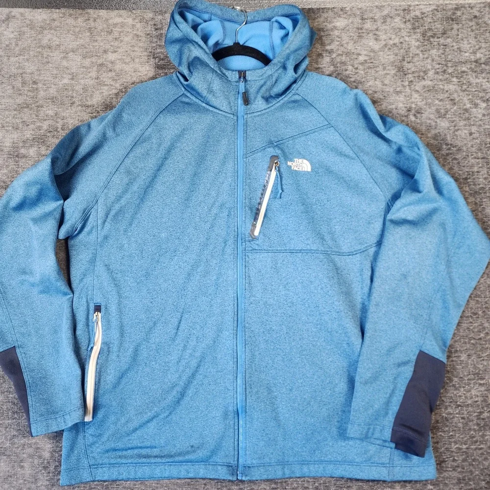 The North Face Hooded Fleece Jacket Men XXL Blue Good Heathered Thumbhole Zip